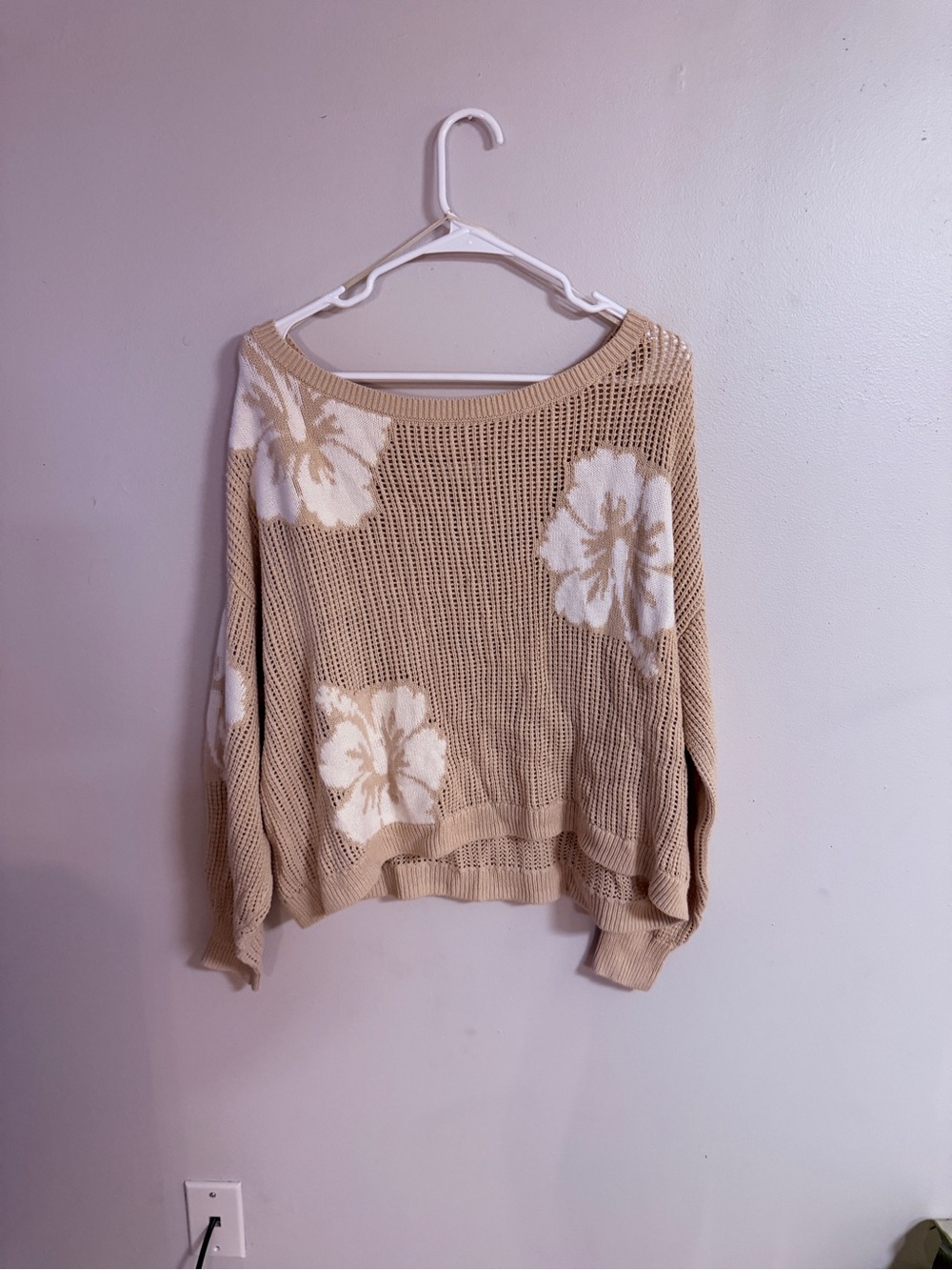 Hollister Beige Crewneck Sweater with White Floral Knit